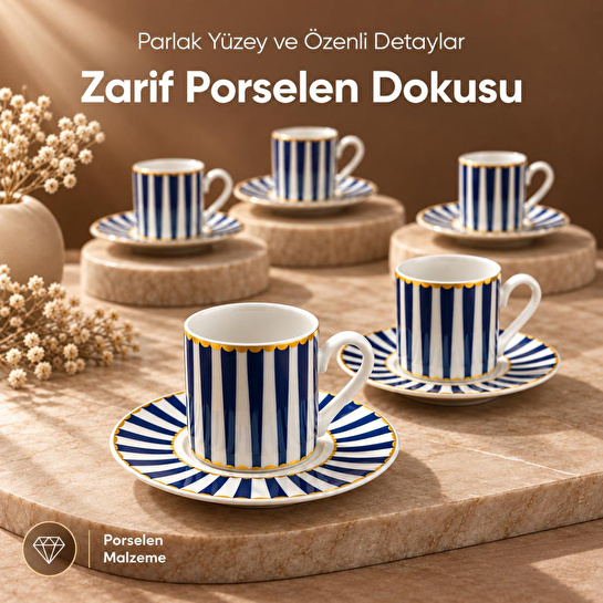 Vienev 6 Kişilik Mavi Çizgili Porselen Kahve Fincanı Takımı 12 Parça Altın Yaldız Detaylı Şık Sunum Seti