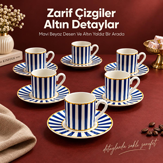 Vienev 6 Kişilik Mavi Çizgili Porselen Kahve Fincanı Takımı 12 Parça Altın Yaldız Detaylı Şık Sunum Seti