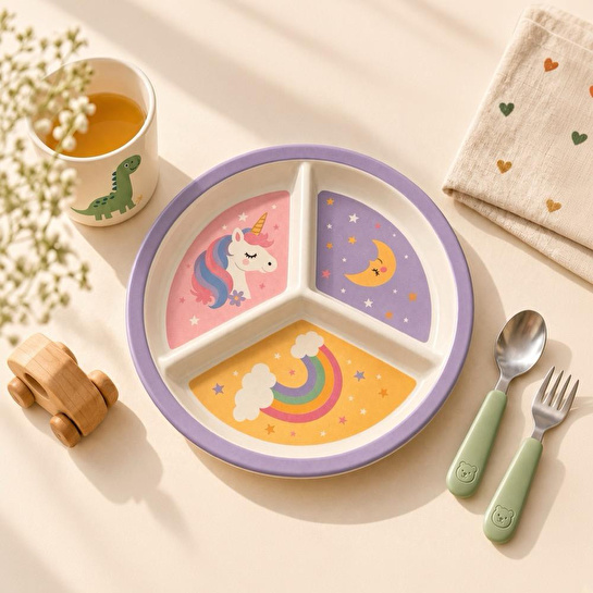 Wumboo 3 Bölmeli Melamin Çocuk Tabağı-mama Tabağı-ekstra Dayanıklı Bpa Free Beslenme Tabağı- Unicorn