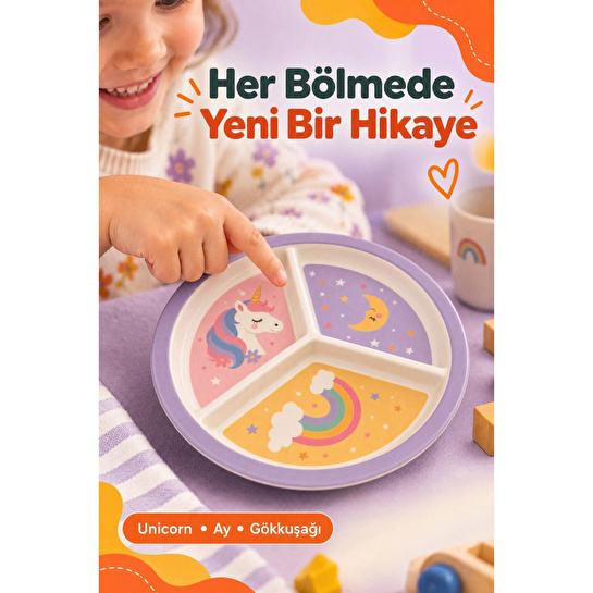 Wumboo 3 Bölmeli Melamin Çocuk Tabağı-mama Tabağı-ekstra Dayanıklı Bpa Free Beslenme Tabağı- Unicorn