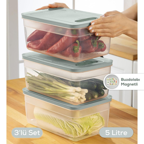 Vienev 3'lü Ayarlı Sebze Ve Meyve Saklama Kabı 5 Litre Mint
