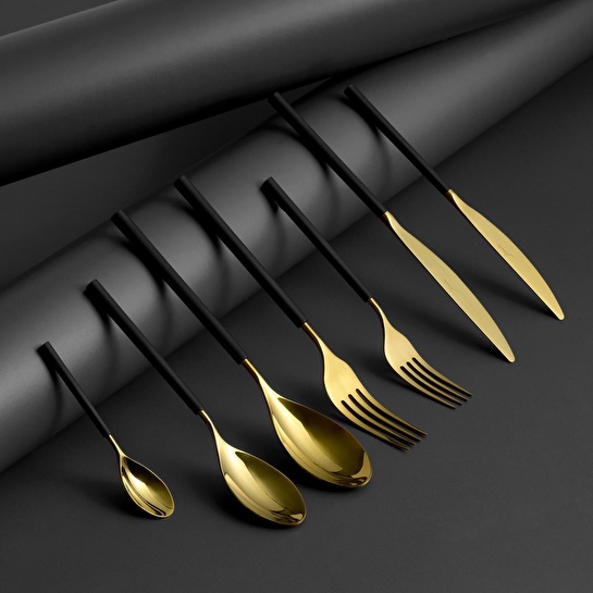 Jumbo 6000 Roller Siyah Titanyum Gold 84 Parça 12 Kişilik Çatal Kaşık Bıçak Seti