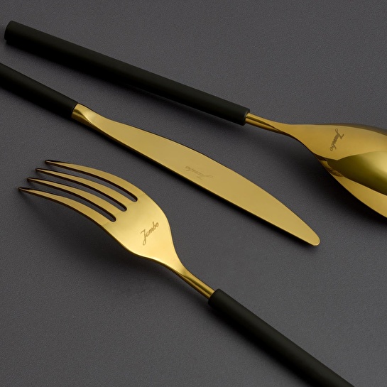 Jumbo 6000 Roller Siyah Titanyum Gold 84 Parça 12 Kişilik Çatal Kaşık Bıçak Seti