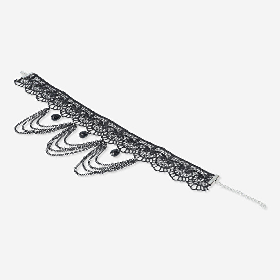 Flying Tiger Copenhagen Dantelli ve Taşlı Siyah Choker
