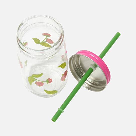 Flying Tiger Copenhagen Pembe Kiraz Çiçeği Desenli Pipetli Kavanoz Bardak