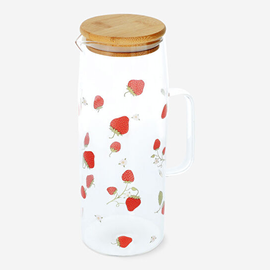 Flying Tiger Copenhagen Çilek Desenli Bambu Kapaklı Cam Sürahi