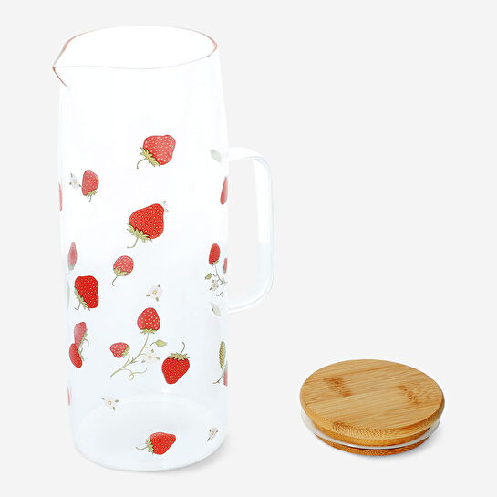 Flying Tiger Copenhagen Çilek Desenli Bambu Kapaklı Cam Sürahi