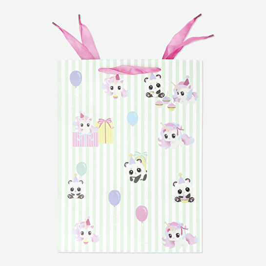 Flying Tiger Copenhagen Hayvan Desenli Yeşil Çizgili Kağıt Hediye Poşeti