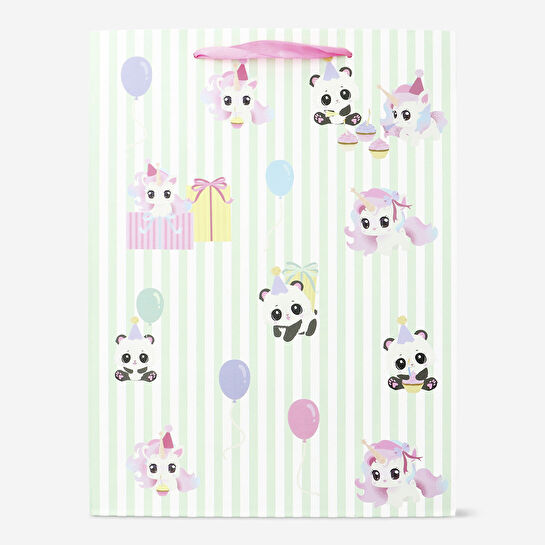 Flying Tiger Copenhagen Hayvan Desenli Yeşil Çizgili Kağıt Hediye Poşeti