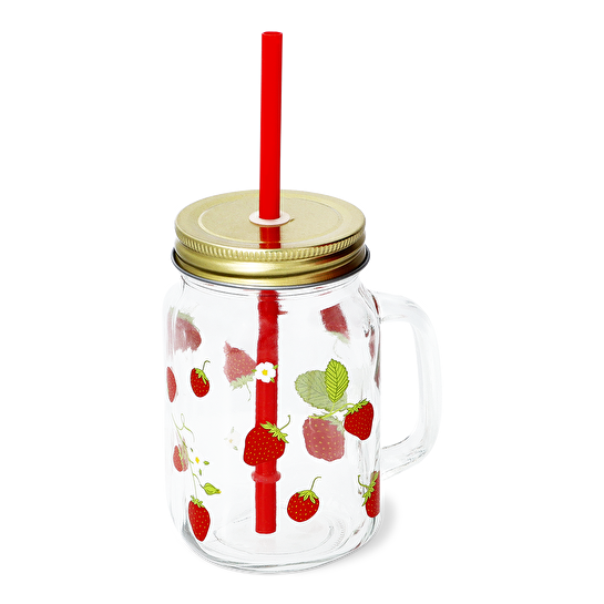 Flying Tiger Copenhagen Çilek Desenli Pipetli Cam Kavanoz Bardak