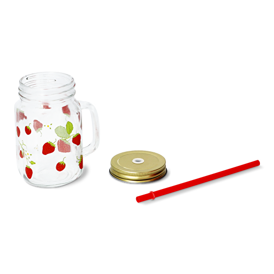 Flying Tiger Copenhagen Çilek Desenli Pipetli Cam Kavanoz Bardak