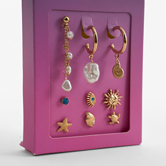 Flying Tiger Copenhagen 9'lu İncili Deniz Kabuğu Detaylı Küpe Seti