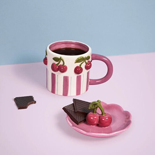 Flying Tiger Copenhagen Kiraz Desenli Pembe Kapaklı Seramik Kupa