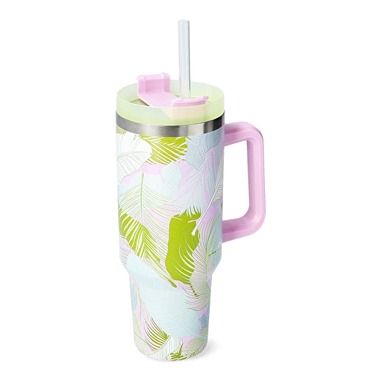 Flying Tiger Copenhagen Yeşil Tropikal Desenli Pipetli Paslanmaz Çelik Matara