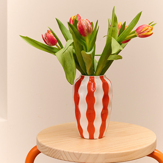 Flying Tiger Copenhagen Turuncu Beyaz Çizgili Seramik Vazo