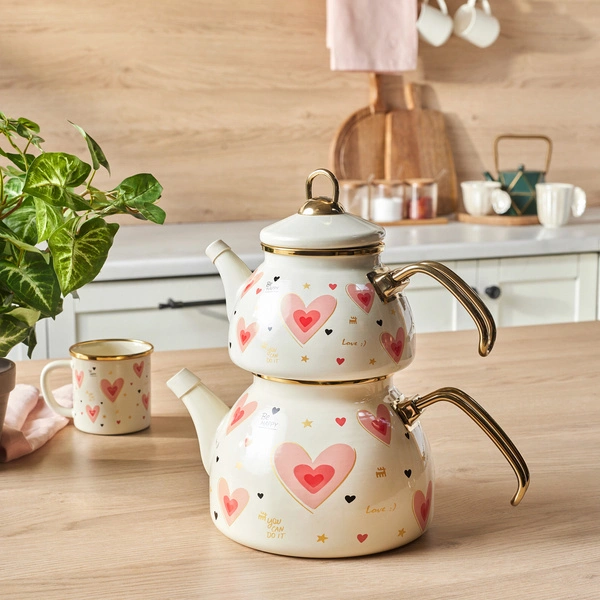 Karaca Pink Love Emaye Midi Çaydanlık Takımı 1,1L & 2L görseli 1