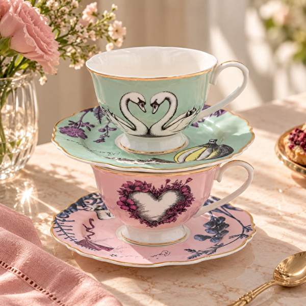 Baci Milano Allegria Pembe ve Yeşil 4 Parça 2 Kişilik Çay Fincanı ve Tabağı (Tabak Ø 16 cm, Fincan  Ø 9,5 cm, H 6,5 cm) görseli 1