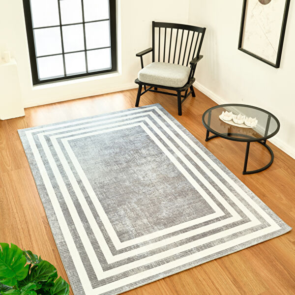 Sare By Kaşmir Halı Frame Gray Yıkanabilir Kaymaz Taban 80x300 cm görseli 1