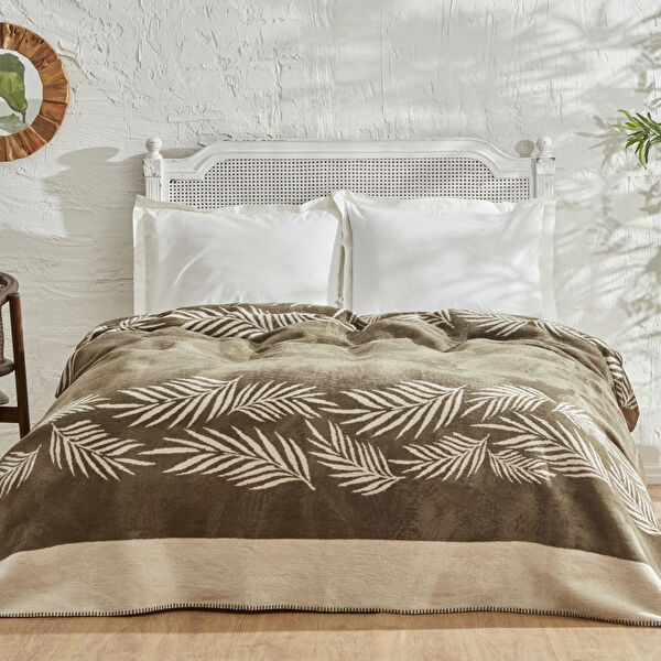 Karaca Home Leaf %100 Pamuk Çift Kişilik Pamuklu Battaniye Haki görseli 1