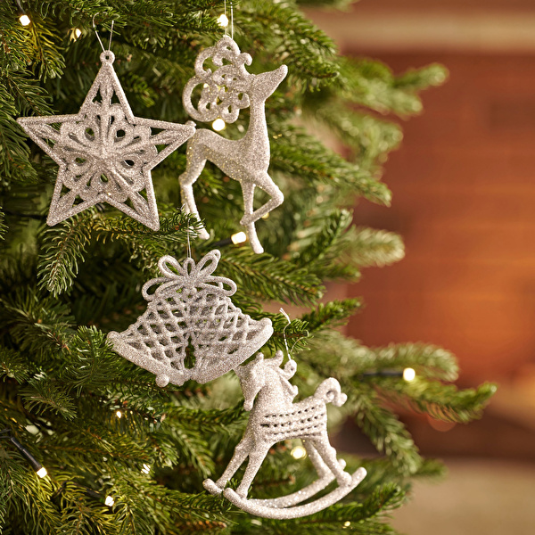 Karaca New Year Yılbaşı 4'lü Set Glitter Ağaç Süsü Silver 14.2 cm / 11 cm - Karaca 2 Al 1 Öde