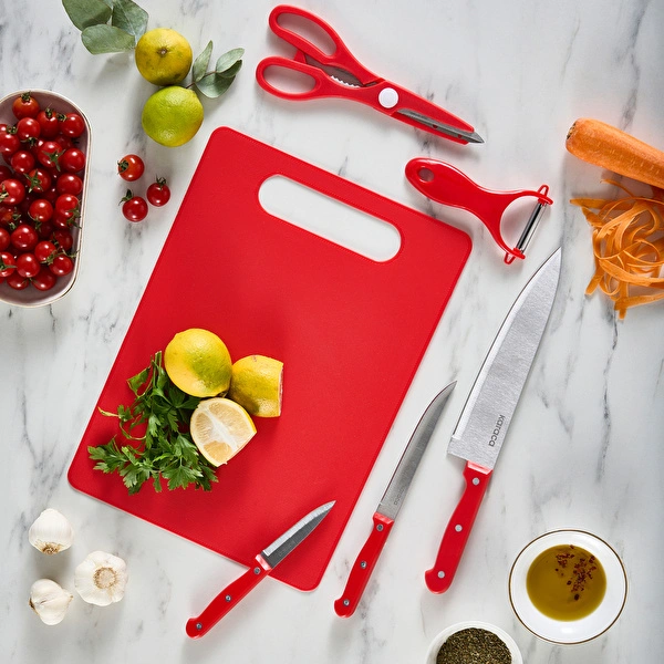 Karaca Sharp 4 in 1 6 Parça Kesme Tahtalı Bıçak Seti Kırmızı görseli 1