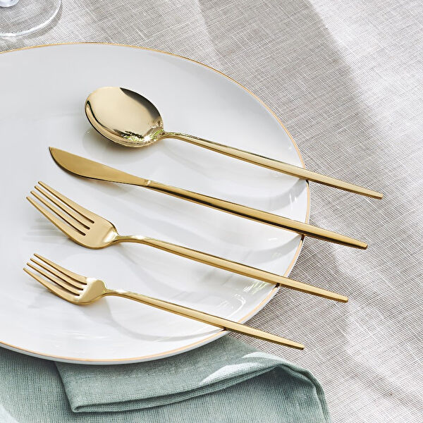 Apricot Faro 24 Parça 6 Kişilik Çatal Kaşık Bıçak Kutulu Shiny Gold