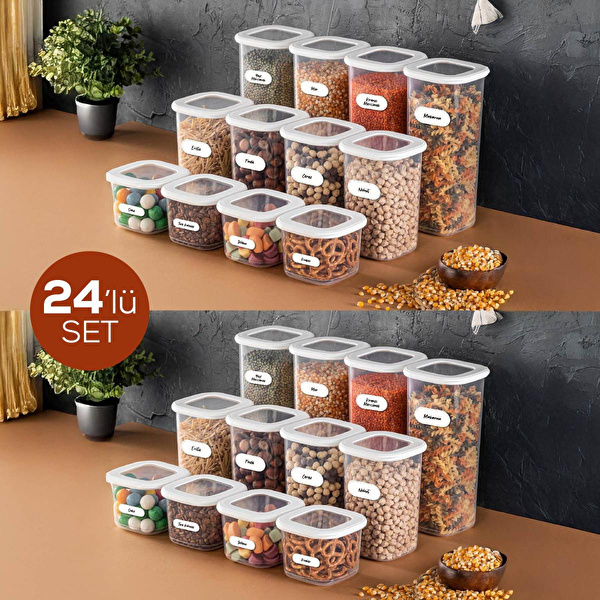 Vienev Foly Etiketli Kare Erzak Saklama Kabı 24'lü Set 8x(0,55 Li̇tre, 1,2 Li̇tre, 1,75 Li̇tre) Beyaz