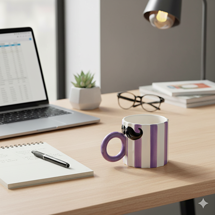 Flying Tiger Copenhagen Bıyık Detaylı Mor Çizgili Seramik Kupa