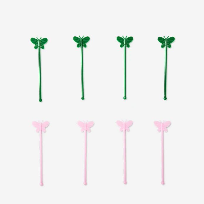 Flying Tiger Copenhagen 8'li Pembe Kelebek Detaylı Plastik Kokteyl Karıştırıcı Seti