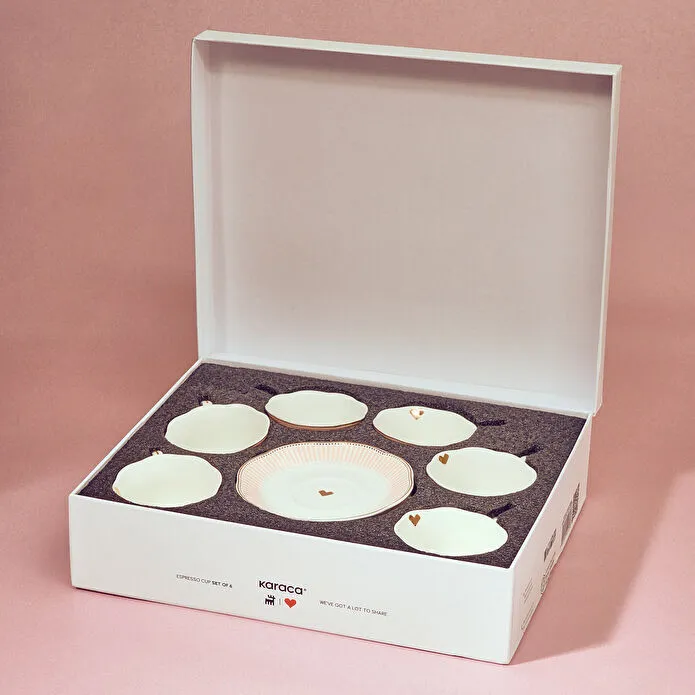 Karaca Piraye Kalp Figürlü Pembe 6 Kişilik Kahve Fincan Takımı 80 ml