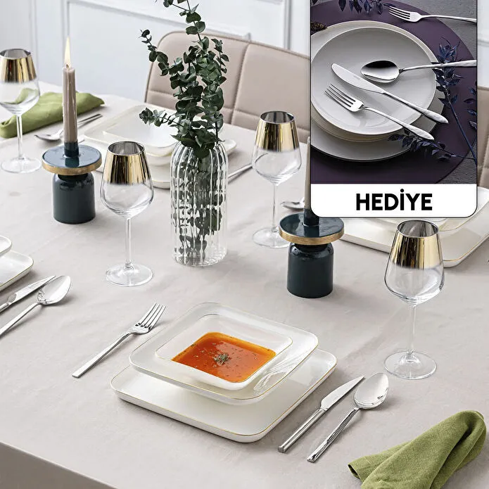 İstanbul Porselen Nadide 18 Parça 6 Kişilik Kare Yemek Takımı Gold