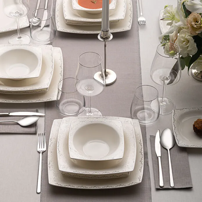Emsan Fine Bone Yeni Lotus 61 Parça 12 Kişilik Kare Yemek Takımı