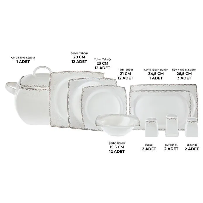 Emsan Fine Bone Yeni Lotus 61 Parça 12 Kişilik Kare Yemek Takımı