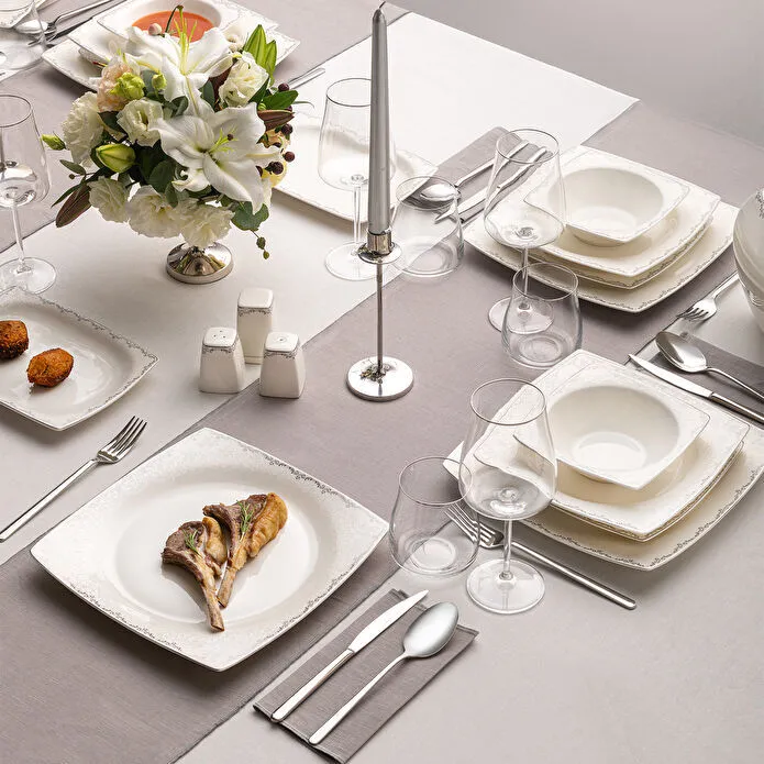 Emsan Fine Bone Yeni Lotus 61 Parça 12 Kişilik Kare Yemek Takımı