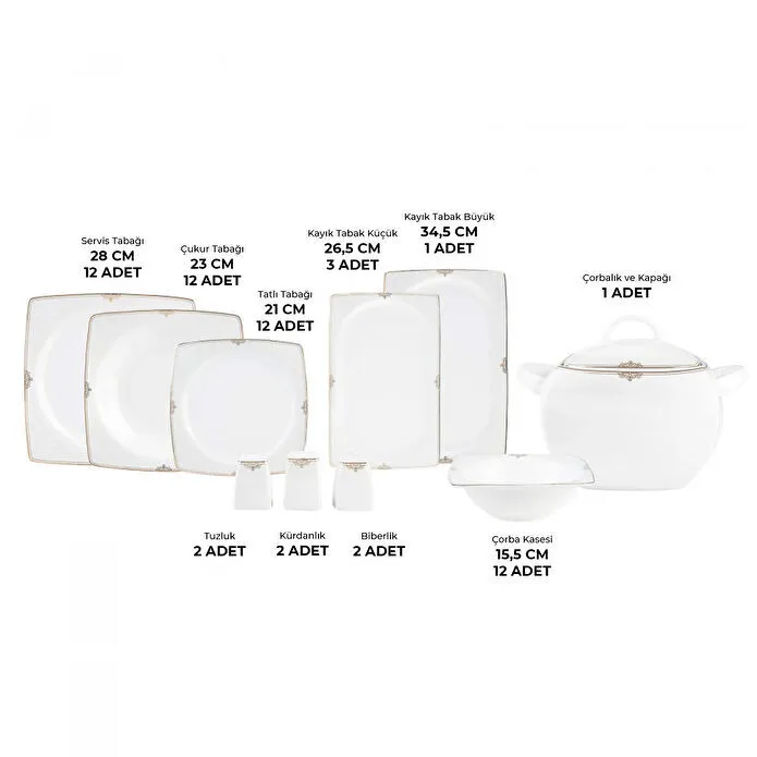 Emsan Fine Bone Estiva Gold 61 Parça 12 Kişilik Kare Yemek Takımı