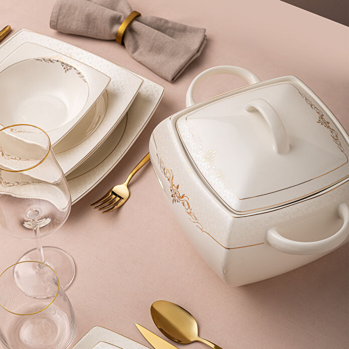 Emsan Lorella Fine Bone 61 Parça 12 Kişilik Kare Yemek Takımı Gold