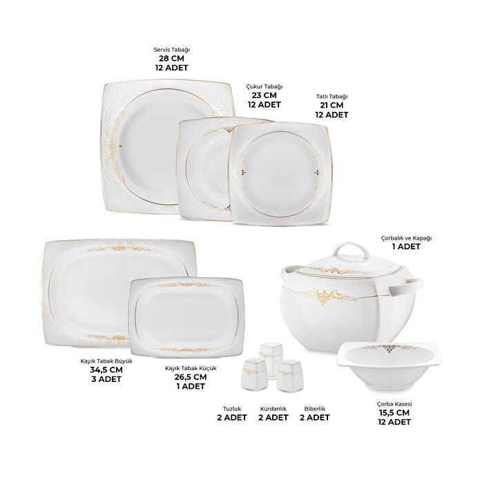 Emsan Lorella Fine Bone 61 Parça 12 Kişilik Kare Yemek Takımı Gold