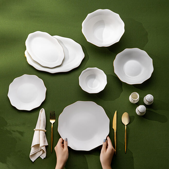 Emsan Maria Fine Bone 59 Parça 12 Kişilik Yuvarlak Yemek Takımı Gold