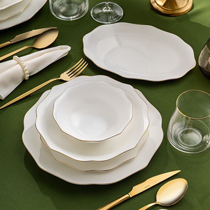 Emsan Maria Fine Bone 59 Parça 12 Kişilik Yuvarlak Yemek Takımı Gold