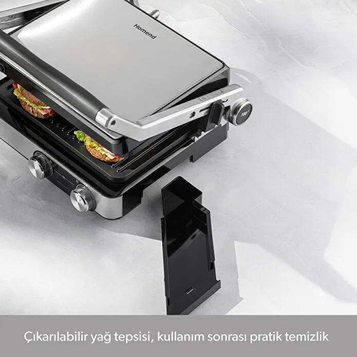 Homend Grilliant 1340H 4 Dilim Kapasiteli Gövde Alt ve Üst Sıcaklığı Ayrı Kontrol Edilebilen Döküm Plakalı Tost ve Izgara Makinesi Inox 2000W
