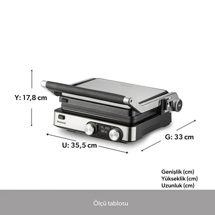 Homend Grilliant 1340H 4 Dilim Kapasiteli Gövde Alt ve Üst Sıcaklığı Ayrı Kontrol Edilebilen Döküm Plakalı Tost ve Izgara Makinesi Inox 2000W