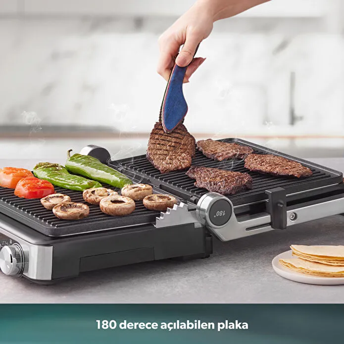 Homend Grilliant 1340H 4 Dilim Kapasiteli Gövde Alt ve Üst Sıcaklığı Ayrı Kontrol Edilebilen Döküm Plakalı Tost ve Izgara Makinesi Inox 2000W