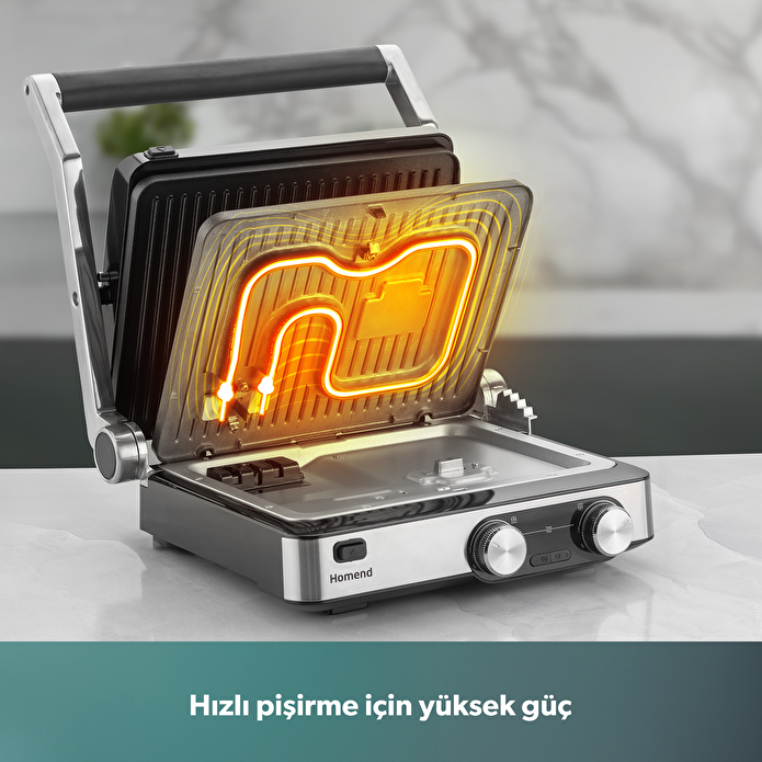 Homend Grilliant 1340H 4 Dilim Kapasiteli Gövde Alt ve Üst Sıcaklığı Ayrı Kontrol Edilebilen Döküm Plakalı Tost ve Izgara Makinesi Inox 2000W