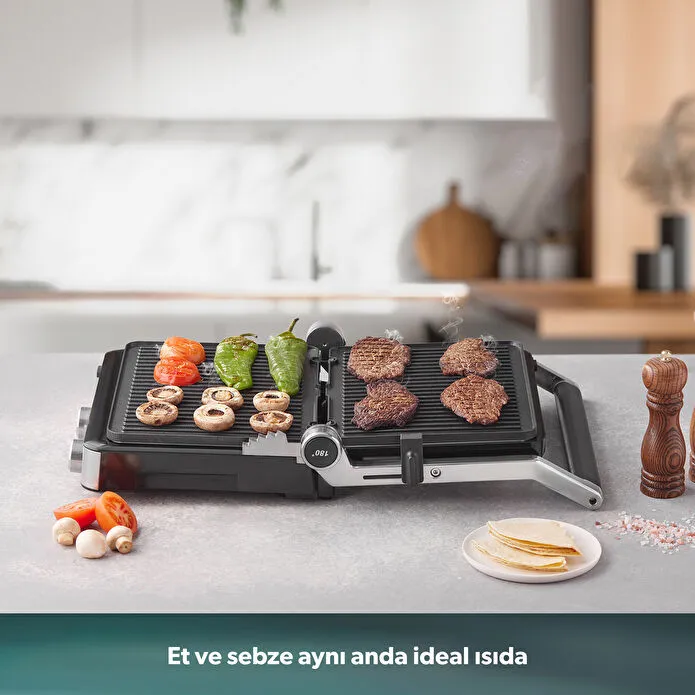 Homend Grilliant 1340H 4 Dilim Kapasiteli Gövde Alt ve Üst Sıcaklığı Ayrı Kontrol Edilebilen Döküm Plakalı Tost ve Izgara Makinesi Inox 2000W