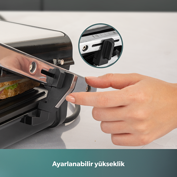 Homend Grilliant 1340H 4 Dilim Kapasiteli Gövde Alt ve Üst Sıcaklığı Ayrı Kontrol Edilebilen Döküm Plakalı Tost ve Izgara Makinesi Inox 2000W
