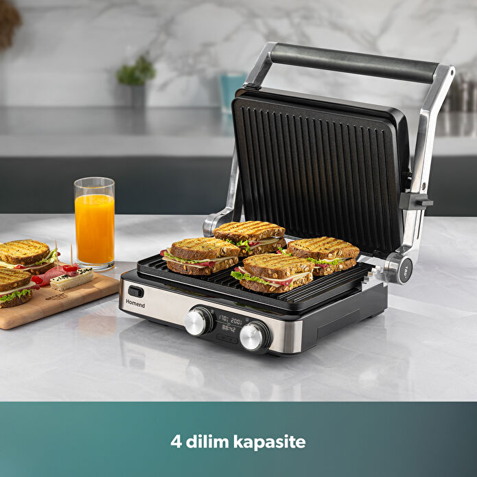 Homend Grilliant 1340H 4 Dilim Kapasiteli Gövde Alt ve Üst Sıcaklığı Ayrı Kontrol Edilebilen Döküm Plakalı Tost ve Izgara Makinesi Inox 2000W