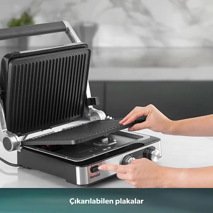 Homend Grilliant 1340H 4 Dilim Kapasiteli Gövde Alt ve Üst Sıcaklığı Ayrı Kontrol Edilebilen Döküm Plakalı Tost ve Izgara Makinesi Inox 2000W