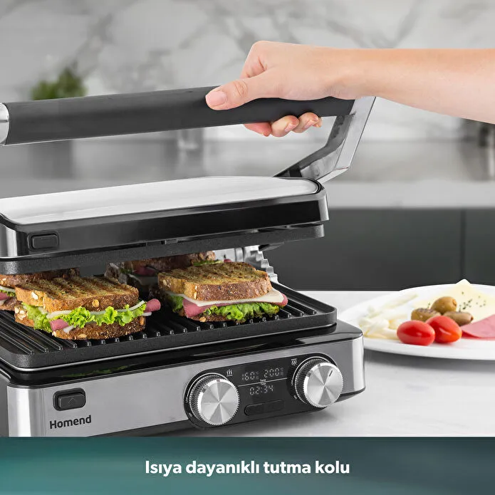 Homend Grilliant 1340H 4 Dilim Kapasiteli Gövde Alt ve Üst Sıcaklığı Ayrı Kontrol Edilebilen Döküm Plakalı Tost ve Izgara Makinesi Inox 2000W