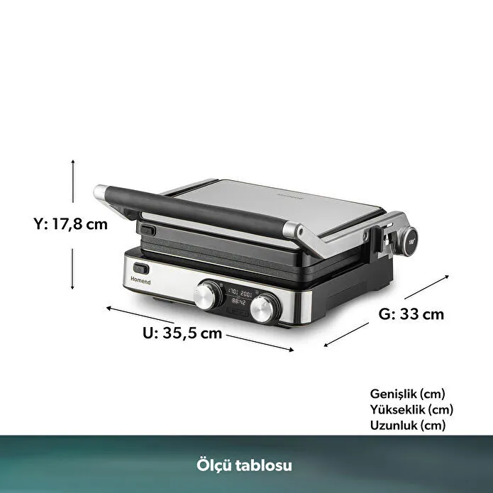 Homend Grilliant 1340H 4 Dilim Kapasiteli Gövde Alt ve Üst Sıcaklığı Ayrı Kontrol Edilebilen Döküm Plakalı Tost ve Izgara Makinesi Inox 2000W