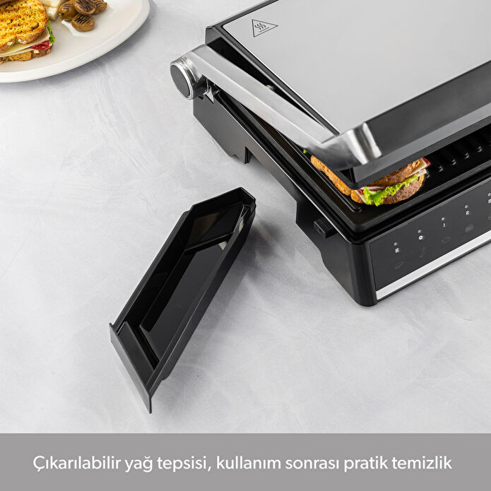 Homend Grilliant 1341H Inox Gövdeli, Döküm Plakalı, 5 Programlı, Led Ekranlı Tost ve Izgara Makinesi